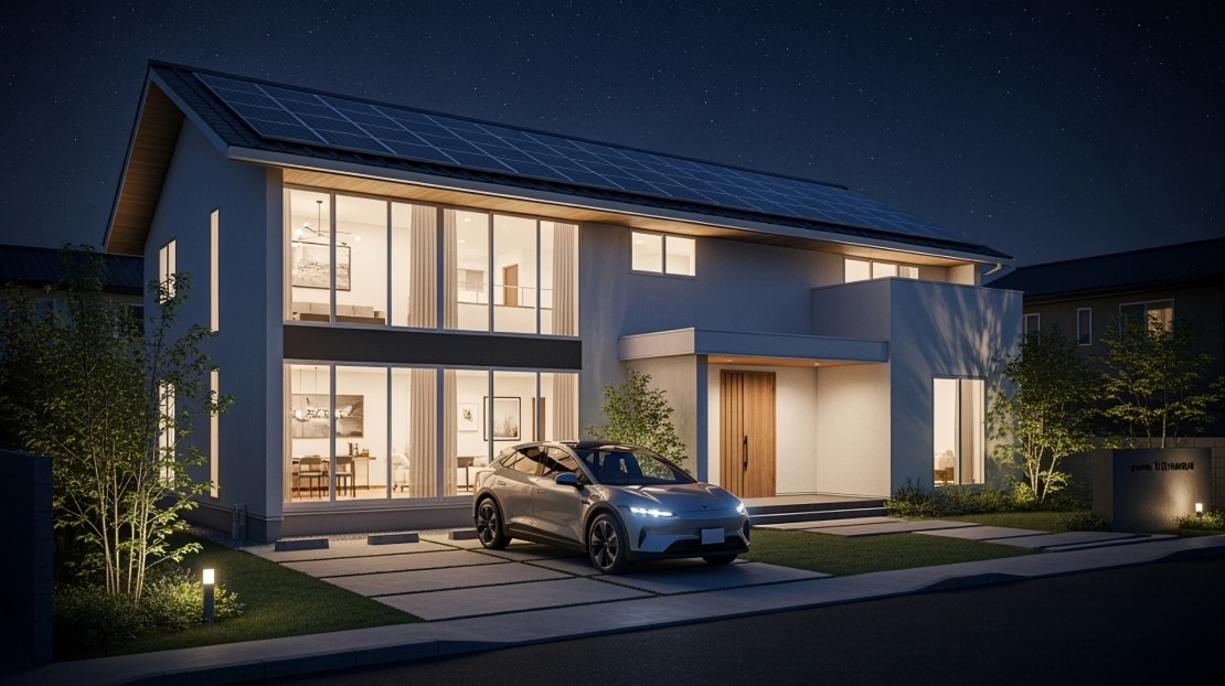 solar panels on a house at night