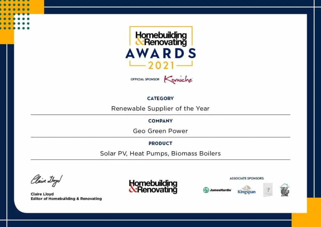 Renewable Supplier of the Year award at Homebuilding & Renovating Awards 2021