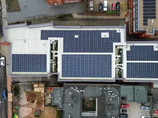 birds-eye view of 195kWp solar PV system at Savoy Cinema