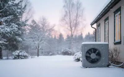 air source heat pump in winter snow outside a house in a garden