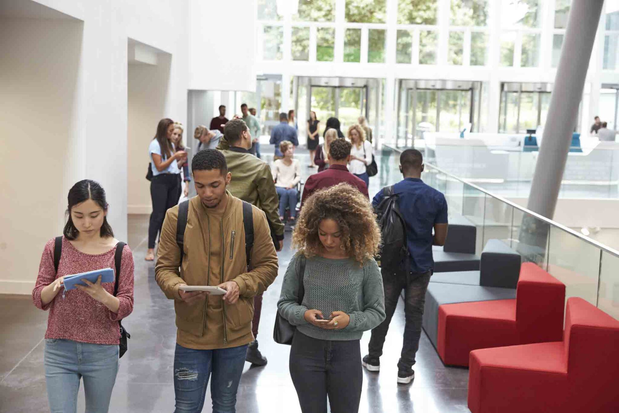 University students walking in campus building